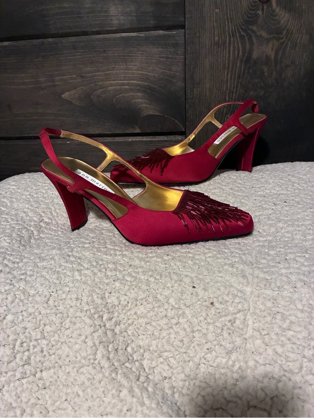 Ann Marino Red Fringe Slingback Block Heels, size 7.5, beaded